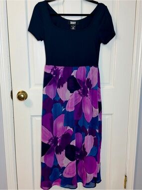 DKNY Women's Purple Pink & Blue Floral Print Midi Dress, S